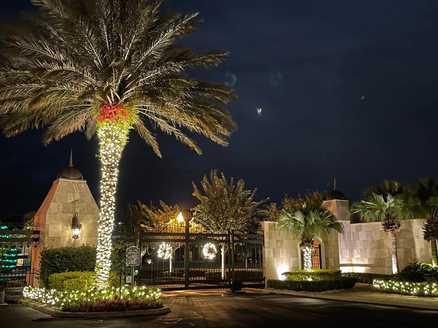 Gated community entrance at night with a fully wrapped date palm, lit hedges, and wreaths on the gates